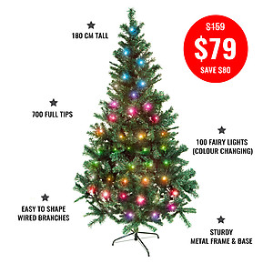180cm, 700 tip, Pine Christmas Tree + 10mtrs Colour Changing LED Fairy Lights