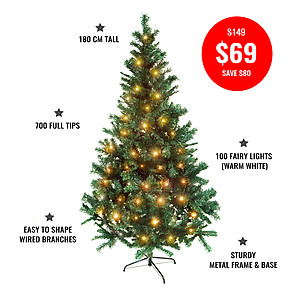 180cm, 700 tip, Pine Christmas Tree + 10mtrs Warm White LED Fairy Lights