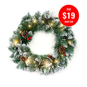 DELUXE FROSTED CHRISTMAS WREATH-45CM + 2MTR WW FAIRY LIGHTS