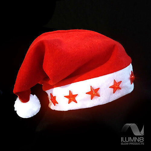 SANTA HAT-RED W/LIGHT UP STARS 38CM 1PC